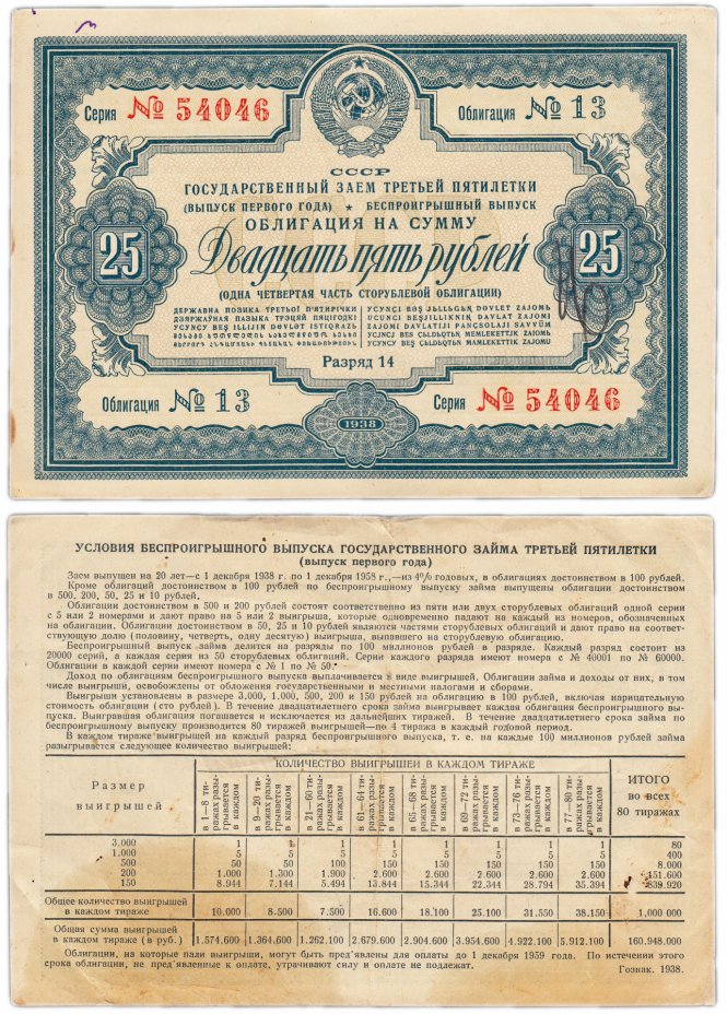 купить Облигация 25 рублей 1938 Государственный Займ Третьей Пятилетки (выпуск первого года)