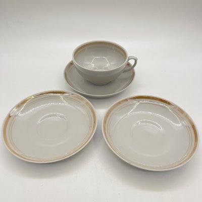 купить Набор из чайной пары и 2 блюдец с лаконичным декором, фарфор, роспись, Дулевский фарфоровый завод (Дулёво), Россия, 1992 г.