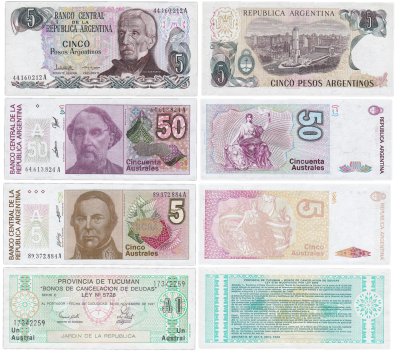 купить Аргентина набор 4 банкнот 1, 5, 50 аустраль, 5 песо 1984 - 1991 год