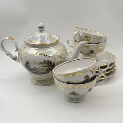 купить Набор чайный "Лунная дорога" на 4 персоны (9 предметов), фарфор, люстр, деколь, золочение, Дулевский фарфоровый завод (Дулёво), Россия, 2005 г.