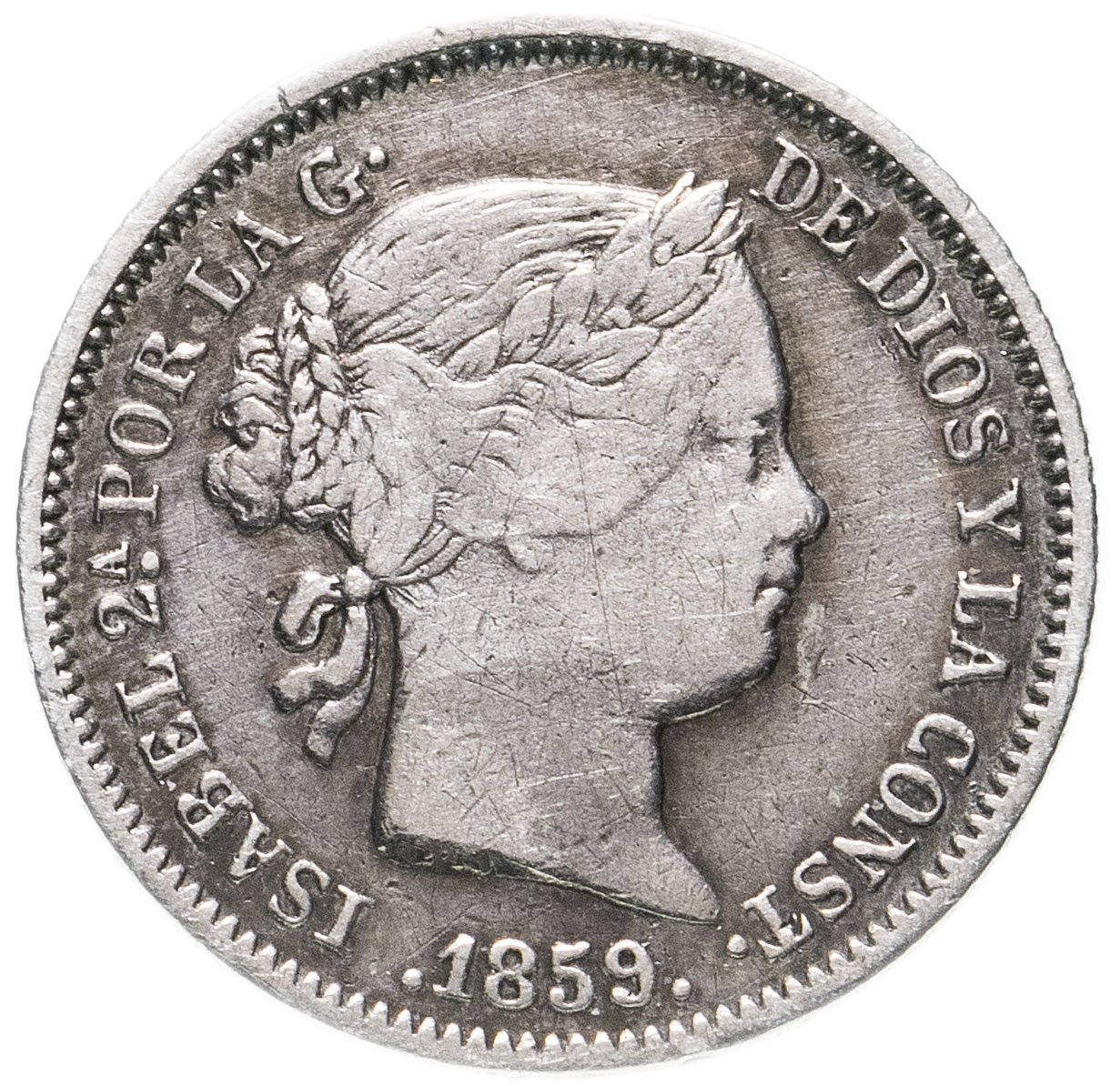 Монета Испания 1 реал (real) 1859 стоимостью 4799 руб.