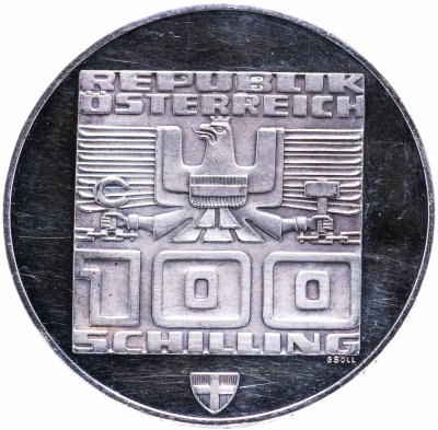 купить Австрия 100 шиллингов 1975 "XII зимние Олимпийские Игры, Инсбрук 1976 - Здания и Олимпийская эмблема"