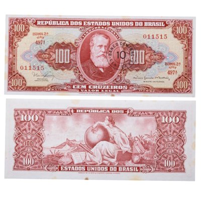 купить Бразилия 10 сентаво 1966-67 на 100 крузейро (Pick 185а) с ошибкой MINSTRO