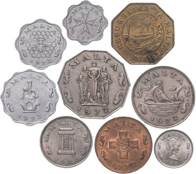 купить Мальта набор из 9 монет монет 1972-1982 (2, 3 и 5 милей 1, 2, 5 , 10, 25 и 50 центов)