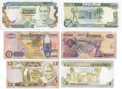 купить Замбия набор из 3 банкнот 2, 20, 100 квача 1980-2001