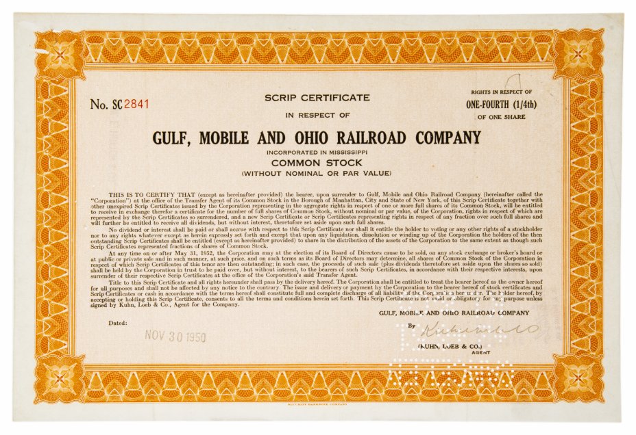 купить Акция США GULF, MOBILE AND OHIO RAILROAD COMPANY 1950 г.