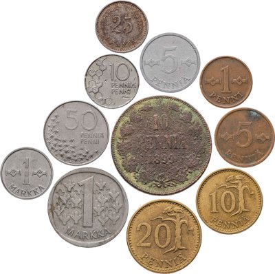 купить Финляндия набор из 11 монет 1, 5, 10, 20, 25, 50 пенни и 1 марка 1899-2000