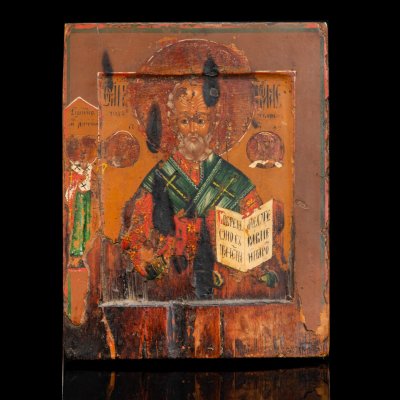 купить Икона "Святой Николай Чудотворец с предстоящим священномучеником Антипом", (доска с ковчегом), дерево, темпера, Российская империя, 1850-1910 гг.