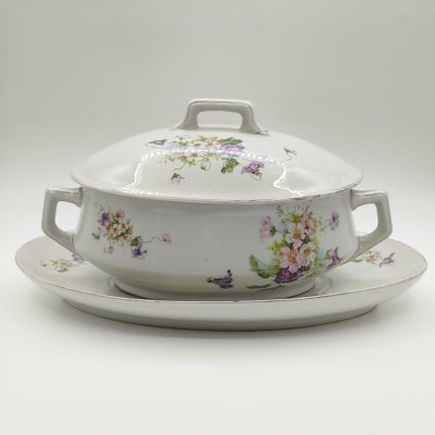 купить Террина/супница на подставке (для подачи горячих блюд) с цветочным декором, фарфор, деколь, золочение, Российская империя, 1890-1917 гг.