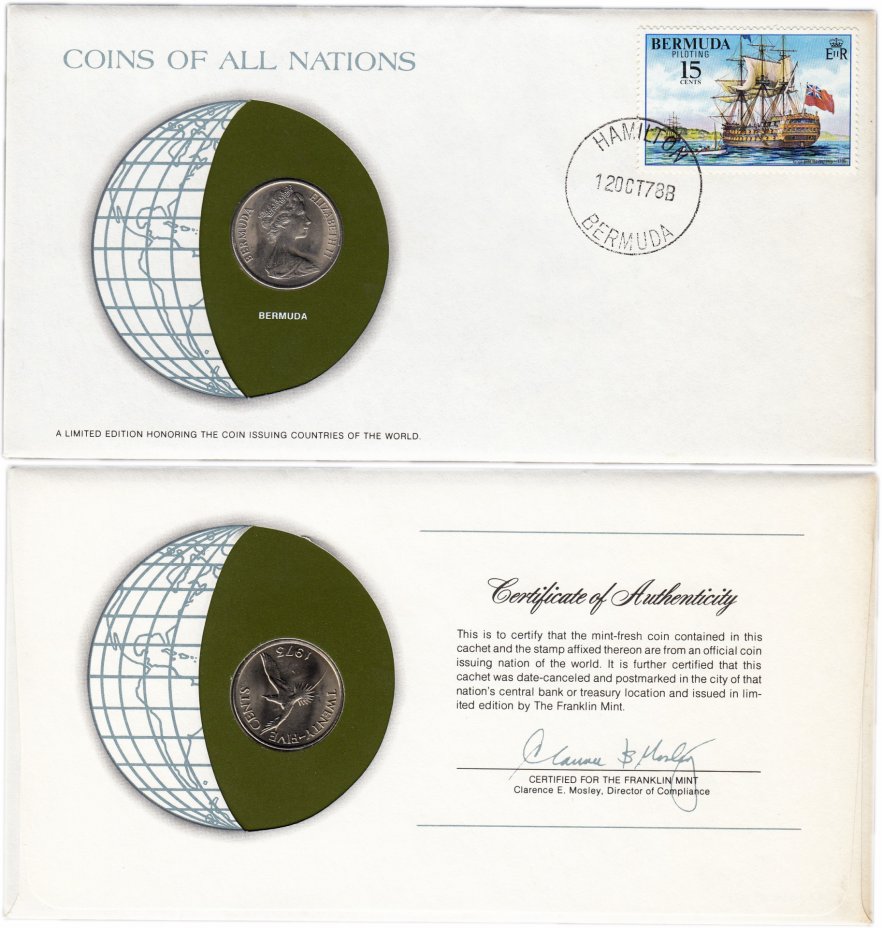 купить Серия «Монеты всех стран мира» - Бермуды 25 центов (cents) 1973 (монета и 1 марка в конверте)
