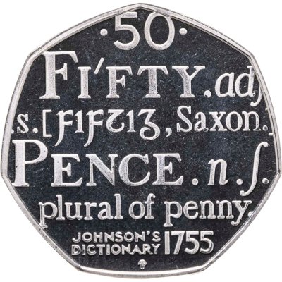 купить Великобритания 50 пенсов (pence) 2005 "250 лет со дня опубликования Словаря Английского языка Сэмюэла Джонсона"