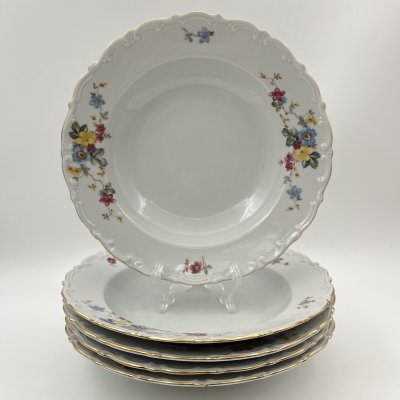 купить Набор из 5-ти суповых тарелок с цветочным декором и рельефным бортом, фарфор, деколь, золочение, Kahla, Германия, 1937-1956 гг.