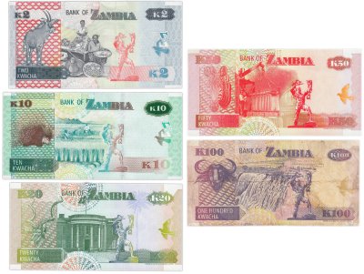 купить Замбия набор из 5 банкнот 2, 10, 20, 50, 100 квача 1992-2022