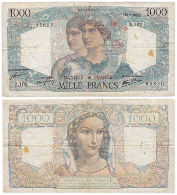 купить Франция 1000 франков 1945-1950 (Minerve et Hercule, Минерва и Геркулес), случайный год