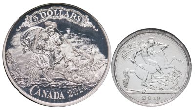 купить Набор из 2-х монет Великобритания 20 фунтов (pounds) и Канада 5 долларов (dollars) 2013-2014 "Георгий Победоносец и дракон", в футляре с сертификатом