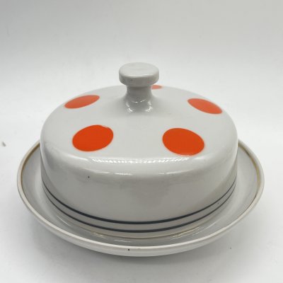 купить Масленка круглой формы с декором в виде гороха, фарфор, деколь, Барановский фарфоровый завод, СССР, 1970-1980 гг.