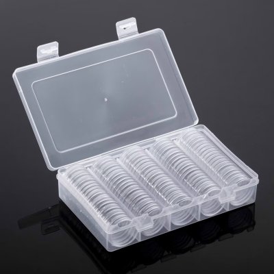 купить Капсулы для монет 28 мм 95 штук в пластиковом боксе