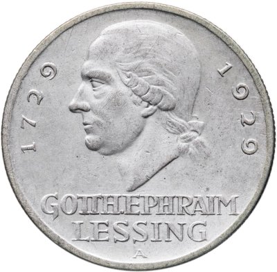купить Германия 3 рейхсмарки (reichsmark) 1929 "200 лет со дня рождения Готхольда Лессинга", знак монетного двора "A" — Берлин
