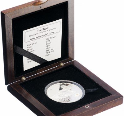 купить Монголия 500 тугриков 2006 "Лебедь" с кристаллом Swarovski, в капсуле и футляре с сертификатом