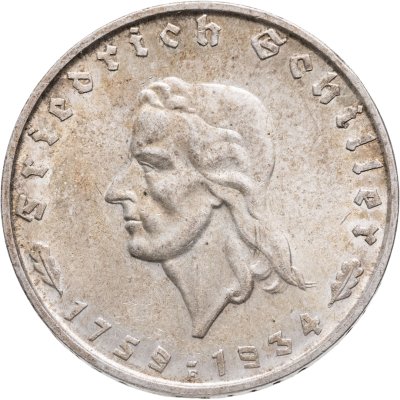 купить Германия, Третий рейх 2 рейхсмарки (reichsmark) 1934 "175 лет со дня рождения Фридриха Шиллера"
