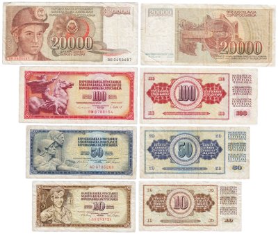 купить Югославия Набор 4 банкнот 10, 50, 100, 20000 динаров 1968 - 1987 "Белград"