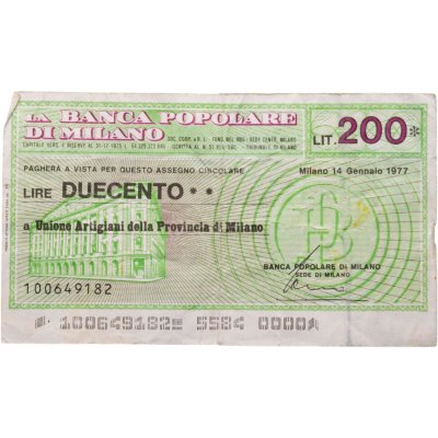 купить Италия банковский чек 200 лир 1977