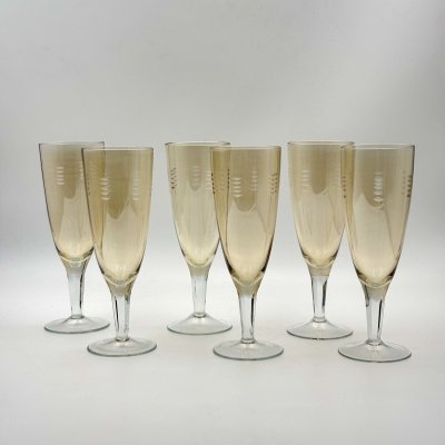 купить Набор из шести фужеров жёлтого оттенка с лаконичным декором, цветное стекло, алмазная грань, СССР, 1970-1990 гг.