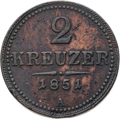 купить Австрия 2 крейцера 1851, знак монетного двора "А" - Вена