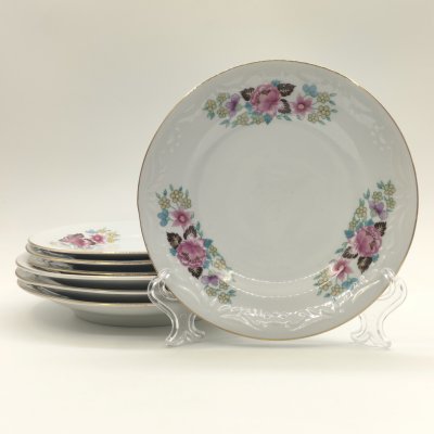 купить Набор из 4-х пирожковых и 3-х десертных тарелок с цветочным декором, фарфор, деколь, золочение, Karolina (Фарфоровая мануфактура «Каролина», Польша), Польша, 1954-1980 гг.
