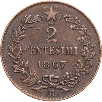 купить Италия 2 чентезимо (centesimi) 1867 M знак монетного двора: "M" - Милан
