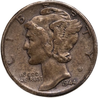 купить США 10 центов (дайм, one dime) 1944 Mercury Dime (дайм «Меркурий») без обозначения монетного двора