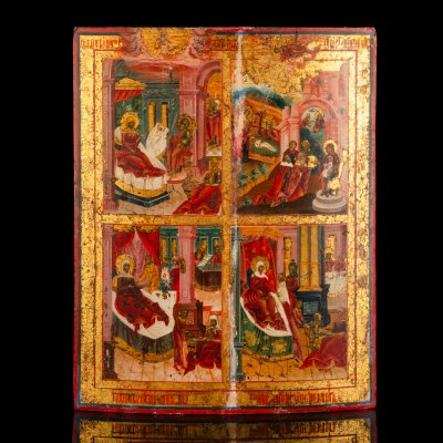 купить Икона четырехчастная "Доброчадие" [редкий образ] ("Четыре Рождества: Рождество Пресвятой Богородицы, Рождество Иисуса Христа, Рождество Иоанна Крестителя, Рождество Николая Чудотворца"), дерево, темпера, золочение, Российская империя, 1800-1850 гг.