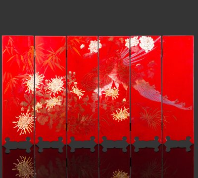 купить Ширма настольная 6-ти секционная, украшенная изображением фазанов и цветов, дерево, металл, резьба, роспись, Азия, 1970-1990 гг.