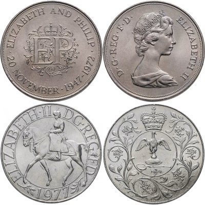 купить [СПЕЦЦЕНА!] Великобритания набор из 2 монет 25 новых пенсов (1 крона,crown) 1972-1977 "Королевская серебряная свадьба и 25 лет правления Елизаветы II"