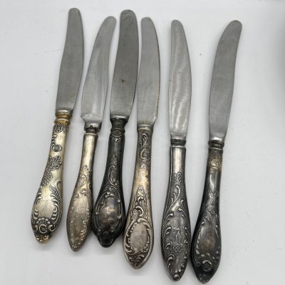 купить Набор из 6 ножей с декором "Пламя" (подбор), мельхиор (медь-никель), СССР, 1960-1980 гг.