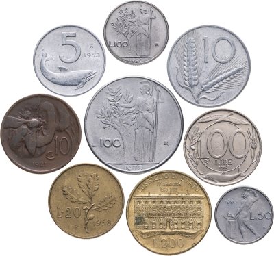 купить Италия набор из 9 монет 5, 10, 20, 50, 100, 200 лир 1921-1993