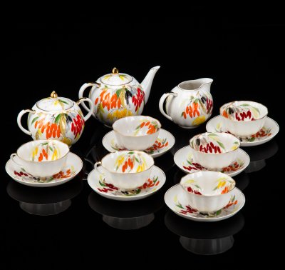 купить [Редкость] Сервиз чайный "Барбарис" на 6 персон (15 предметов), автор Яснецов В.К., фарфор, роспись надглазурная, золочение, Дулевский фарфоровый завод (Дулёво), СССР, 1957 г.