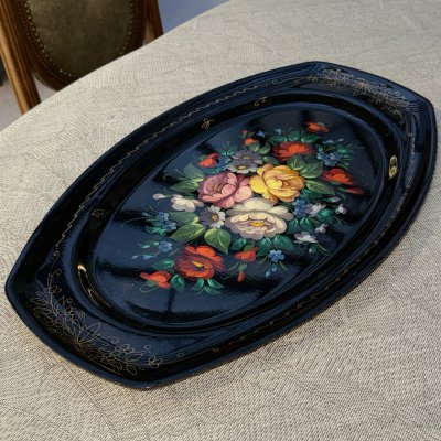 купить Поднос с цветочным декором, металл, роспись, лак, Россия, 1980-2000 гг.