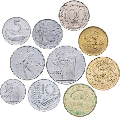 купить Италия набор из 10 монет 20 чентезимо и 5, 10, 20, 50, 100, 200 лир 1941-1994