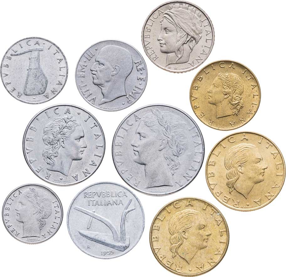 купить Италия набор из 10 монет 20 чентезимо и 5, 10, 20, 50, 100, 200 лир 1941-1994