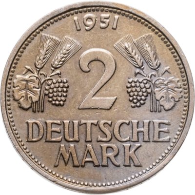 купить Германия 2 марки 1951, знак монетного двора: "G" - Карлсруэ