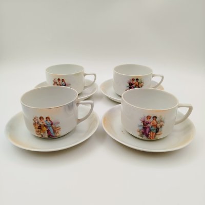 купить Набор чайно-кофейных пар с изображением девушек в саду на 4 персоны, фарфор, деколь, Victoria, Чехословакия, 1918-1939 гг.