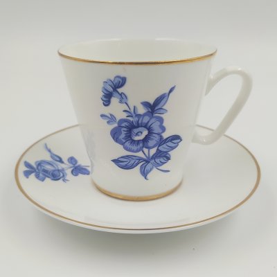 купить Пара кофейная с цветочным декором в синей гамме (маленькая), фарфор, деколь, золочение, Ленинградский фарфоровый завод (ЛФЗ), Россия, 1989-2001 гг.