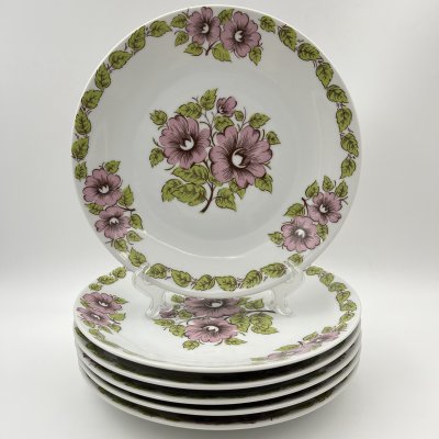 купить Набор из шести обеденных тарелок с цветочным декором в розово-зеленой гамме, фарфор, печать, Epiag Royal Czechoslovakia, Чехословакия, 1970-1990 гг.