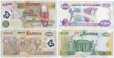 купить Замбия набор из 4 банкнот 20, 100, 500, 1000 квача 1992-2011