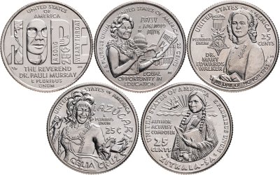 купить США набор из 5-ти монет 1/4 доллара (25 центов, квотер) 2024 D Американские женщины