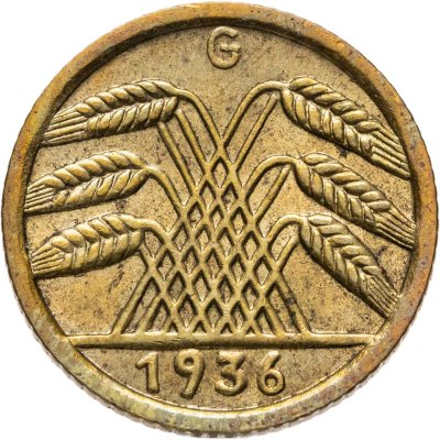 купить Германия 5 рейхспфеннигов (reichspfennig) 1936 G, старый тип, знак монетного двора "G" — Карлсруэ