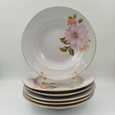 купить Набор суповых (глубоких) тарелок "Астры" на 6 персон, фарфор, деколь, золочение, Дулевский фарфоровый завод (Дулёво), СССР, 1968-1991 гг.