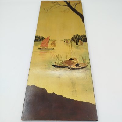 купить Панно подвесное с изображением рыбалки на джонках (традиционное китайское парусное судно), дерево, роспись, золочение, лак, Китай, 1970-1990 гг.