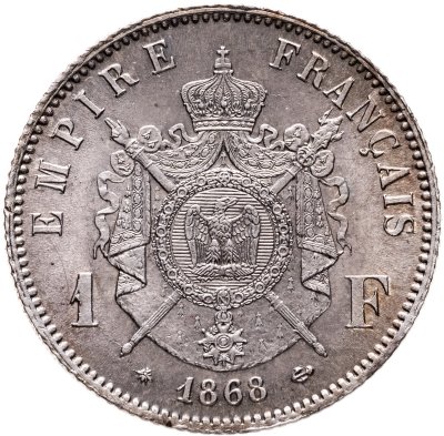 купить Франция 1 франк (franc) 1868 A знак монетного двора: "A" - Париж